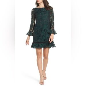 New Eliza J Dresses Bell Sleeve Floral Applique Lace Shift Dress Emerald size 4p